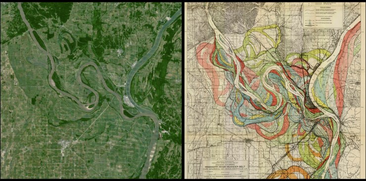 On the left, the confluence of the Mississippi and Ohio Rivers (USA) as seen by Google Earth. On the right, the confluence as seen by Harold Fisk (1944).